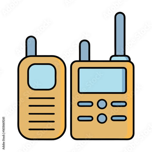 Two cartoon walkie talkies with blue antennas and screens on a white background radio communication 1