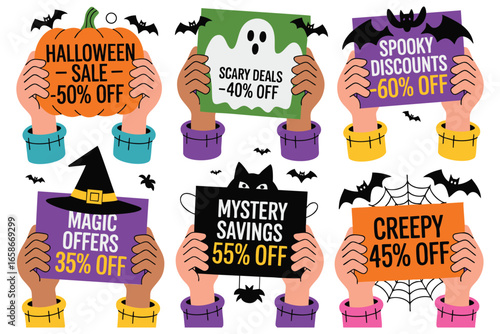 Creative halloween sale promotions featuring spooky themed signs held by cartoon hands