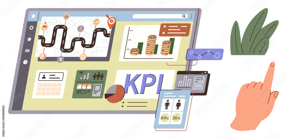 Fototapeta premium Digital dashboard featuring growth charts, KPI metrics, analytics, and interactive elements. Ideal for business growth, performance tracking, strategy planning, financial insights, data