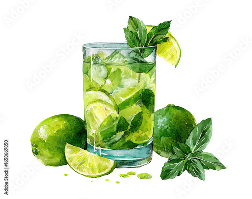 Watercolor illustration of a refreshing Mojito