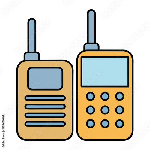 Two cartoon walkie talkies with blue screens and yellow bodies radio communication