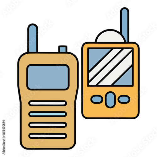 Two yellow walkie talkies with blue antennas and screens on a white background radio communication