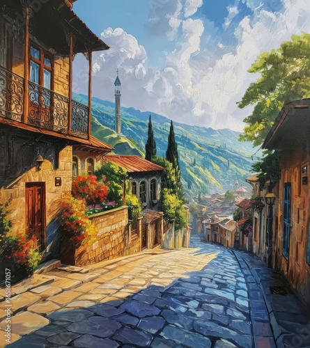 A picturesque cobblestone street lined with vibrant flowers and traditional architecture, set against a backdrop of lush hills.