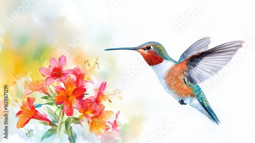 Watercolor painting of hummingbird hovering near vibrant flowers, showcasing its colorful plumage and delicate wings. scene evokes sense