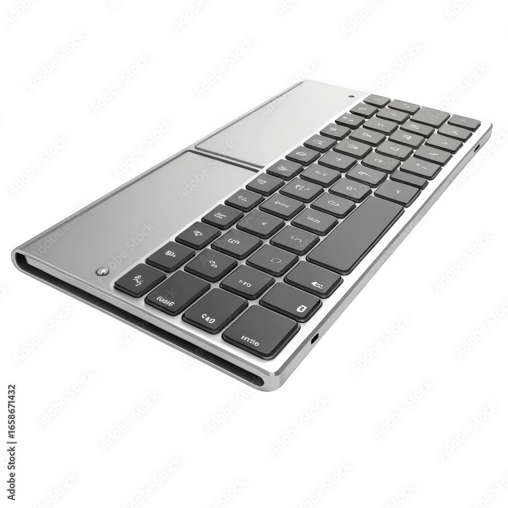 Sleek silver and black wireless keyboard with integrated touchpad isolated on transparent background Sleek silver and black wireless keyboard with integrated touchpad isolated on transparent background