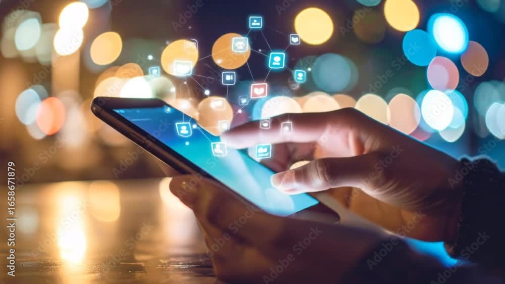 Smartphone interaction with social network icons, data flow on phone, concept of data usage