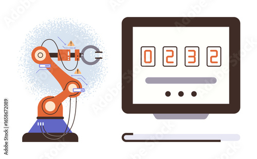 Robotic arm with functional grip linked to a computer screen displaying numeric programming. Ideal for technology, engineering, automation, manufacturing, innovation, robotics, artificial