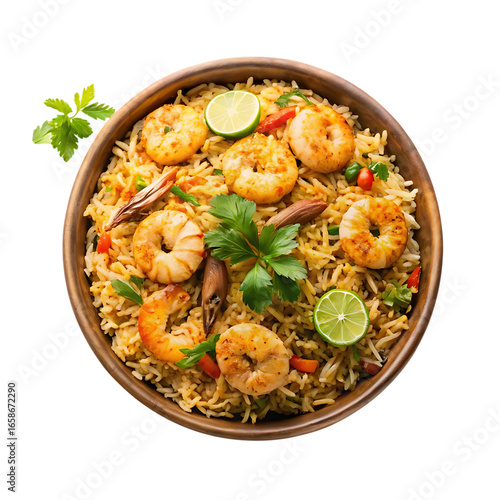 Delicious shrimp biryani meal isolated on aromatic rice dish with fresh garnishes transparent background