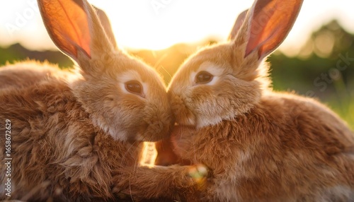 Two baby rabbits cuddling in sunlight