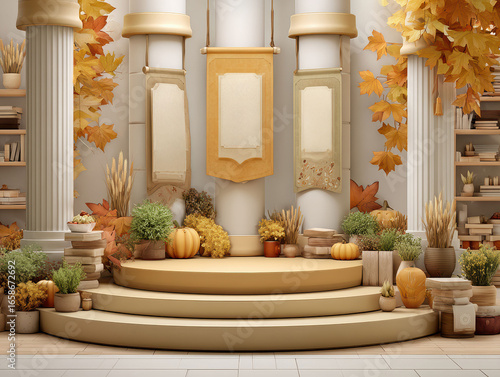 Indoor Thanksgiving product display on a 3D podium with autumn decor, golden apple, and columns topped by golden crowns Bright, even lighting in digital art or high-resolution photogra - AI-Generated