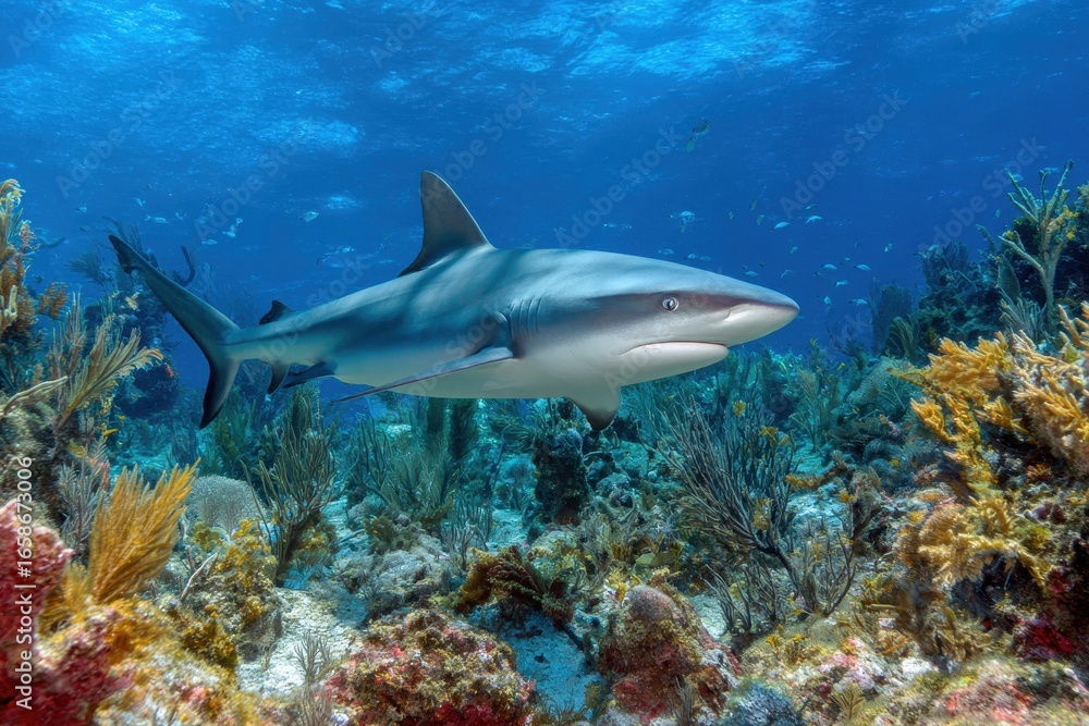 Fototapeta premium Cuba Camaguey Reef shark gliding gracefully over vibrant coral reef habitat in the stunning waters of the Caribbean