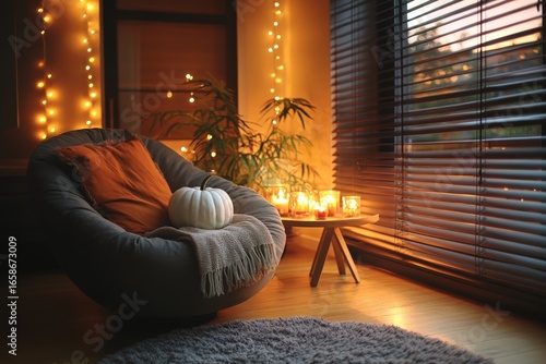 Cozy living room with armchair, pumpkin, candles, and twinkling lights at sunset