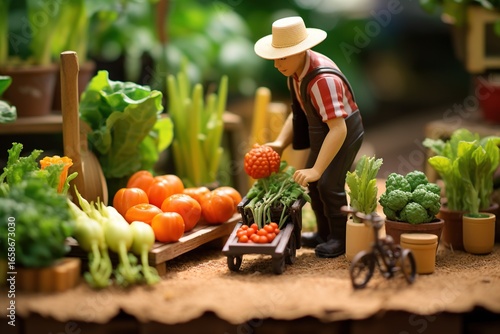 Miniature people : Farmer with agricultural product at farmer market