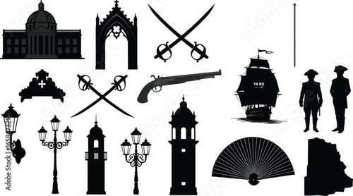 Elegant women’s dress silhouettes vector set with evening gowns, cocktail dresses, fashion model poses fHistoric colonial silhouettes vector pack with buildings, ships, weapons, street lamps, Spanish 