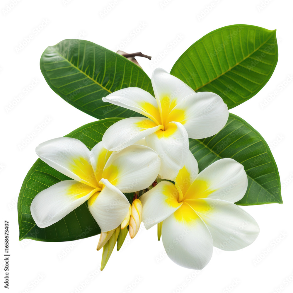 Fototapeta premium Fresh plumeria blossoms with vibrant leaves, tropical floral arrangement