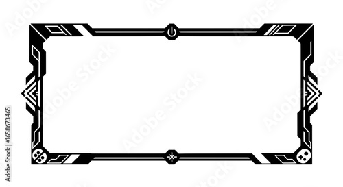 A modern black and white vector frame for gaming streams. This futuristic border features tech-style geometric patterns, a power button, and game controller icons for a perfect HUD.