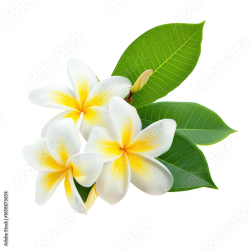 Fresh frangipani blossoms with green leaves, tropical floral arrangement