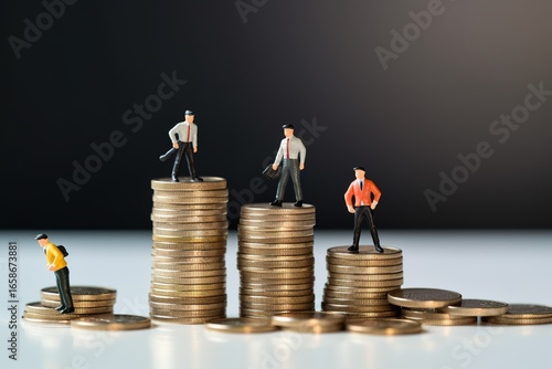 Worker and businessmen miniature figure standing on increasing coins stacking with up arrow and dollar sign for income salary