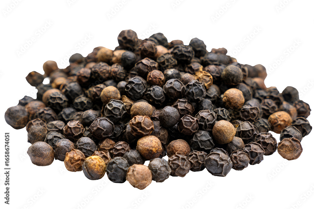 Fototapeta premium A close-up view of a pile of peppercorns. Various shades of dark brown and black peppercorns are densely clustered together