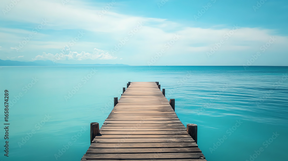 Fototapeta premium Serene wooden pier extending into calm, turquoise water under a clear blue sky.