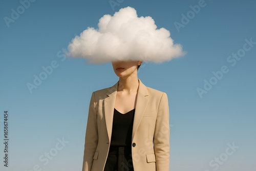 A person in formal clothes with their head replaced by a fluffy white cloud, standing against a blue background.