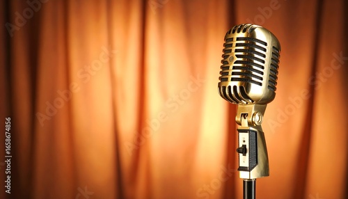 Golden Retro Microphone on Stage: Warm Lighting, Vintage Elegance