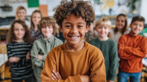 portrait of cheerful smiling boy with diverse friends schoolmates schoolkids having fun standing posing in classroom looking at camera happy after school reopen diversity back to school concept no lo
