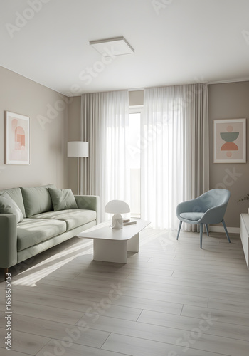 Modern minimalist living room with pastel-colored furniture, bathed in sunlight streaming through sheer curtains.png