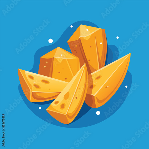 Colorful cheese wedges on blue background. ideal for food advertising or vibrant editorial use.