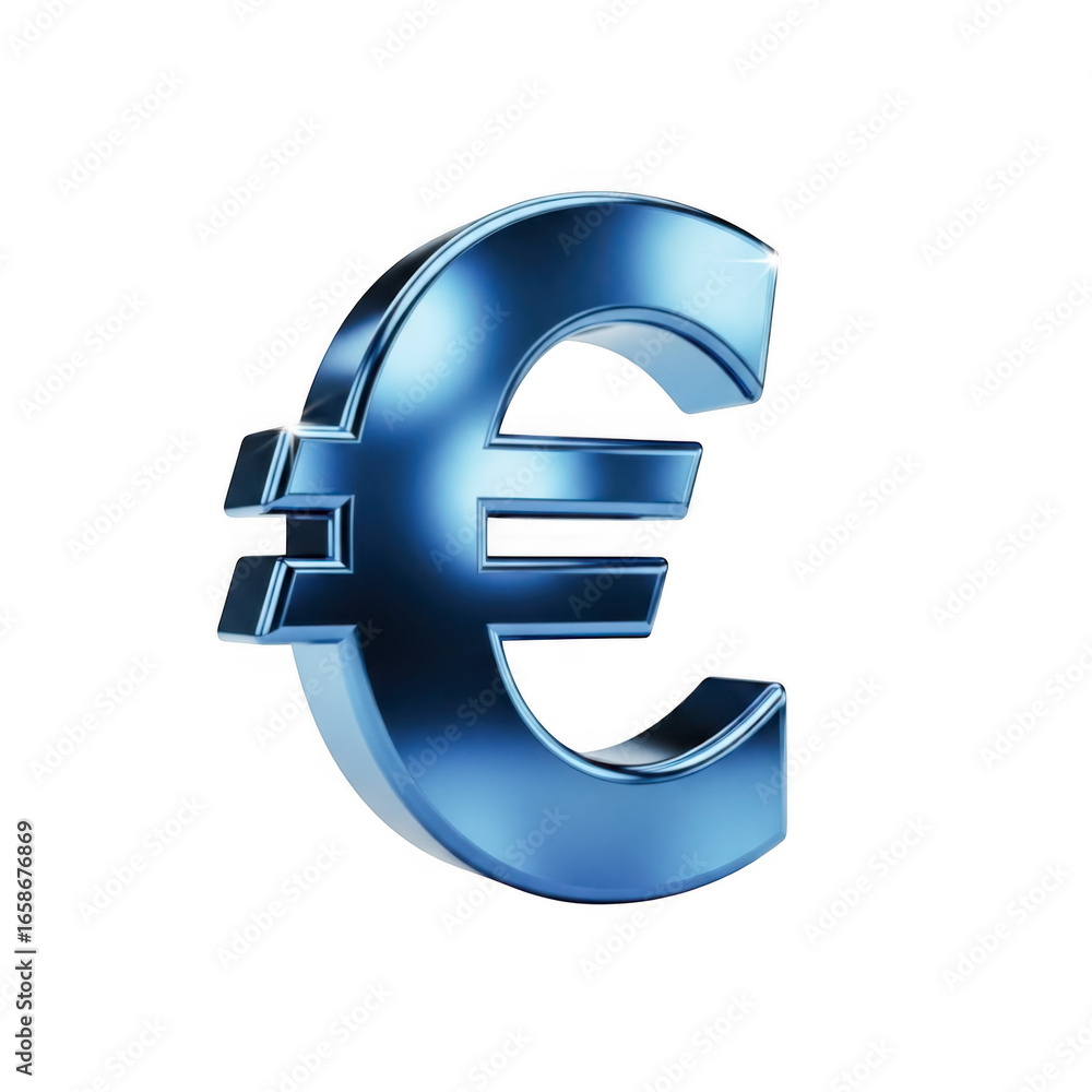 Fototapeta premium Closeup of a shiny blue euro symbol with a metallic finish, isolated on transparent background, representing european currency financial stability