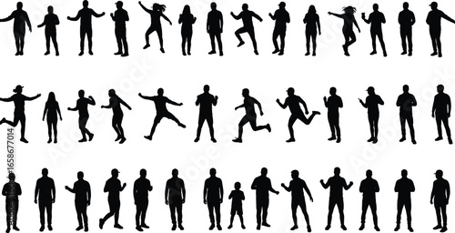 People silhouettes set, standing and walking poses, human figure collection, casual movement illustration, vector clipart pack of male female