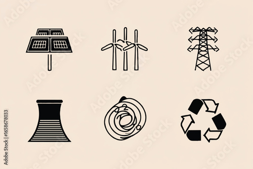 Icons of Renewable Energy Sources Solar Panels Wind Turbines Hydroelectricity Nuclear Power Recycling Initiatives for Sustainable Future