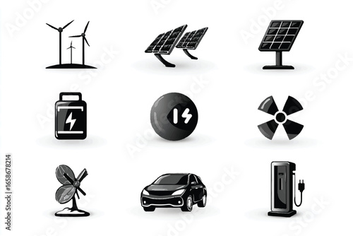 Icons representing different forms of energy including renewable sources and traditional power usage in a vector illustration