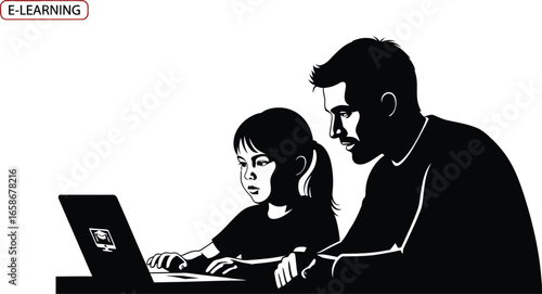 Silhouette of a father and daughter using a laptop, , showcasing elearning, online education, and family time together with modern technology