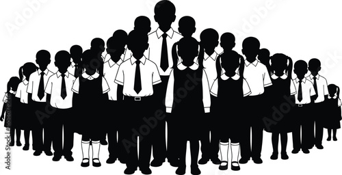 Silhouette of a group of students and teachers in school uniforms