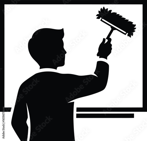 Silhouette of a man cleaning a blackboard with an eraser, vector illustration of a teacher wiping a whiteboard in a classroom setting