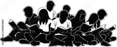 Silhouette of students reading books together, a group of young people are studying and learning, representing education and community