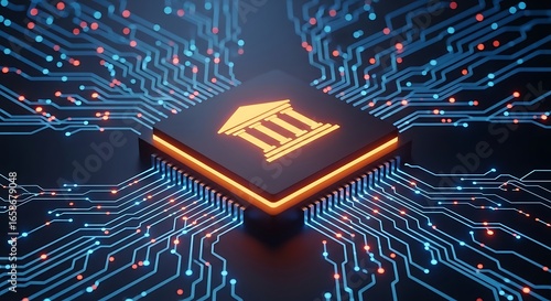 Digital bank icon on a glowing circuit board representing fintech and financial technology innovation