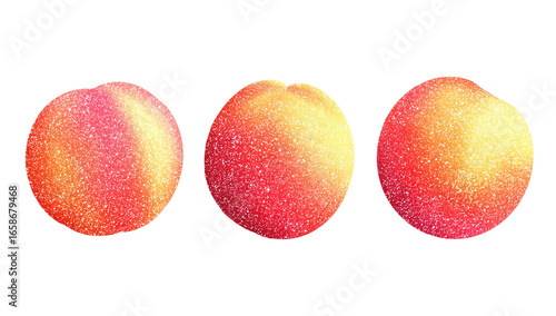 Three stylized peaches, rendered in a pixel art style.  Each peach displays a gradient of pinkish-red aground