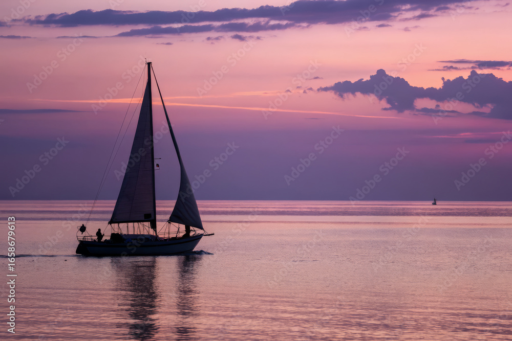 Fototapeta premium Sailboat Silhouette on Calm Sea with Soft Dusk Sky Gradient