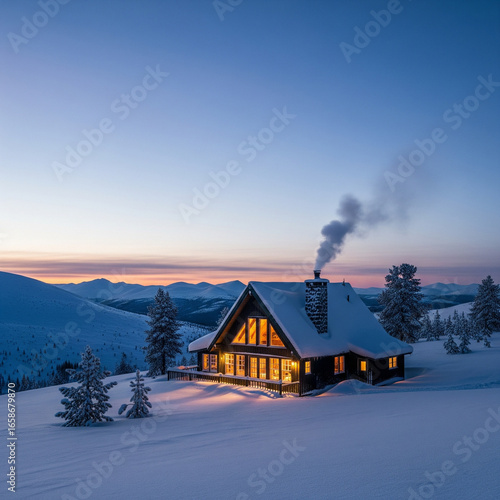 house in the snow and mountains 