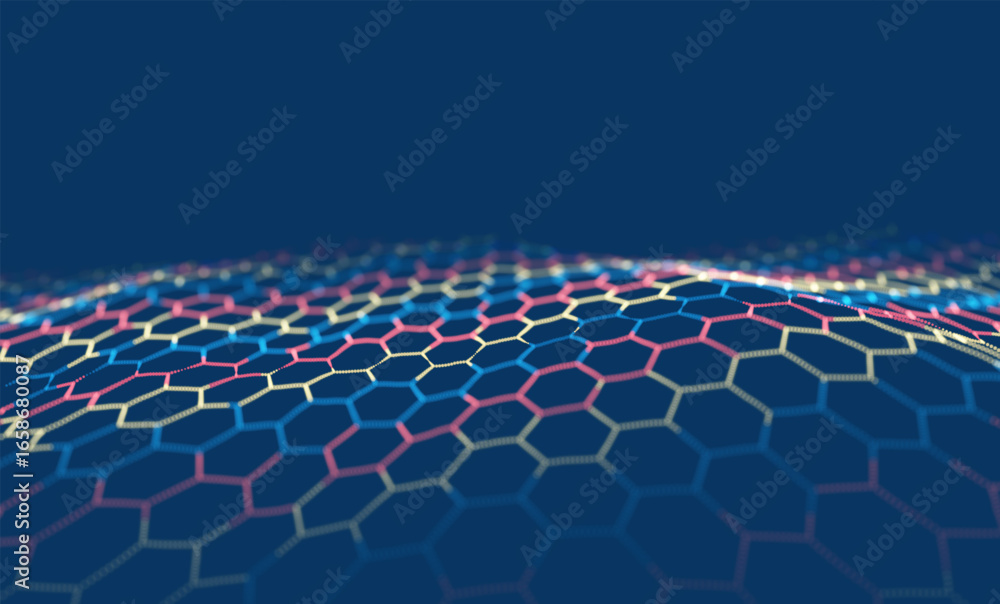 Naklejka premium Abstract blue and yellow particle background. Flow wave with dot landscape. Digital data structure. Future mesh or sound grid. Pattern point visualization. Technology vector illustration.