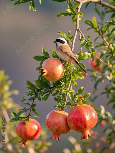 Bird Perched on a Branch Among Ripe Pomegranates