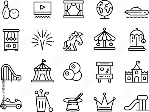Amusement park icons set, fun symbols, playground illustrations, carnival rides, bowling, magic show, globe, toy horse, slide, crown, family entertainment vector