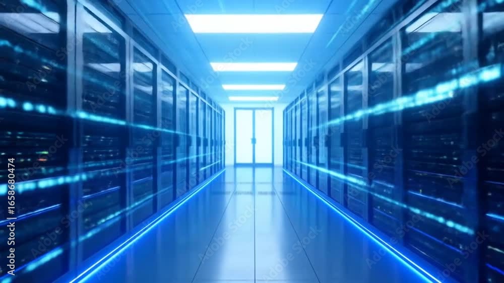 Data Center Server Room with Glowing Data Streams Data Center Server Room with Glowing Data Streams