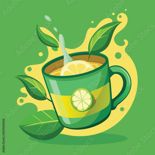 Cartoon cup of tea with lemon and lime