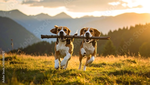 Two beagles running with a stick at sunset