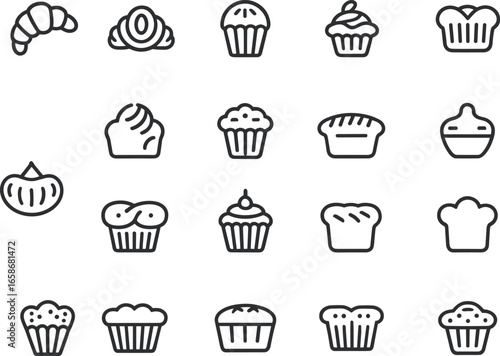 Bakery icons, cupcakes, muffins, pastries, croissant, sweet dessert, baking outline set, food symbols, baked goods, confectionery, pastry collection