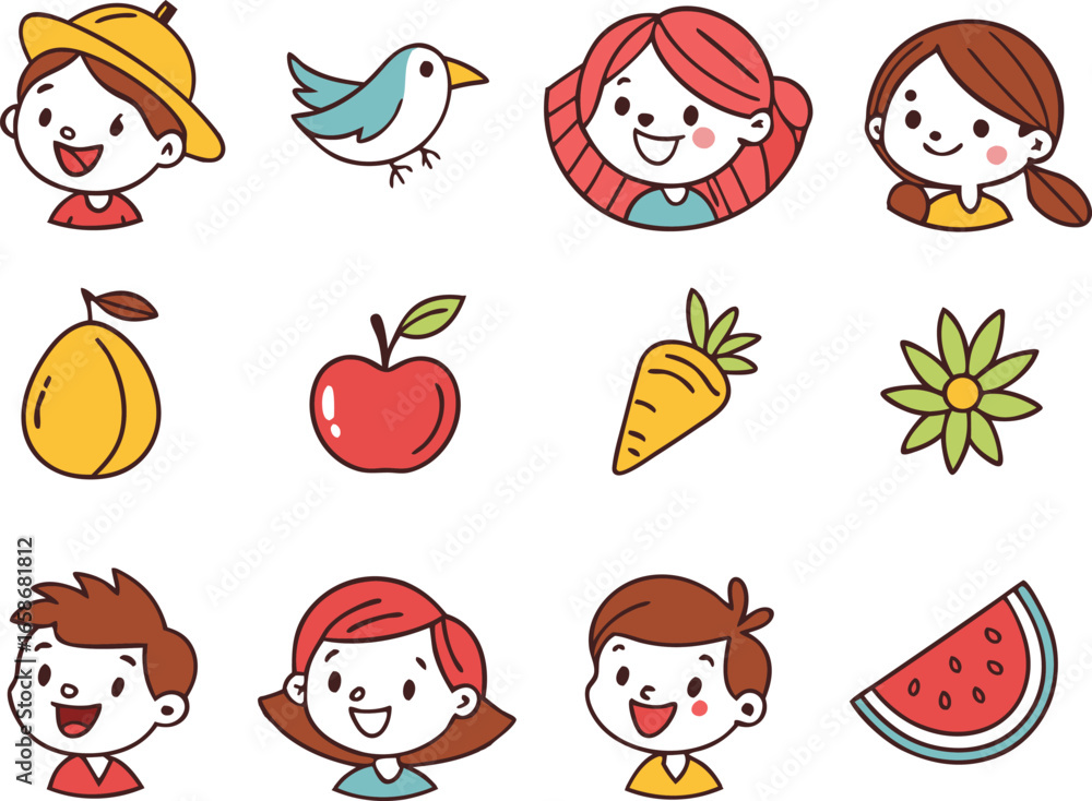 Fototapeta premium Cute cartoon children and food icons with simple outlines girl bird