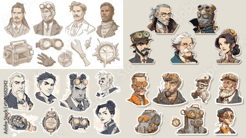 A collection of steampunk character portraits with goggles, gears, and vintage attire, including explorers, inventors, and engineers. Ideal for concept art and creative storytelling.